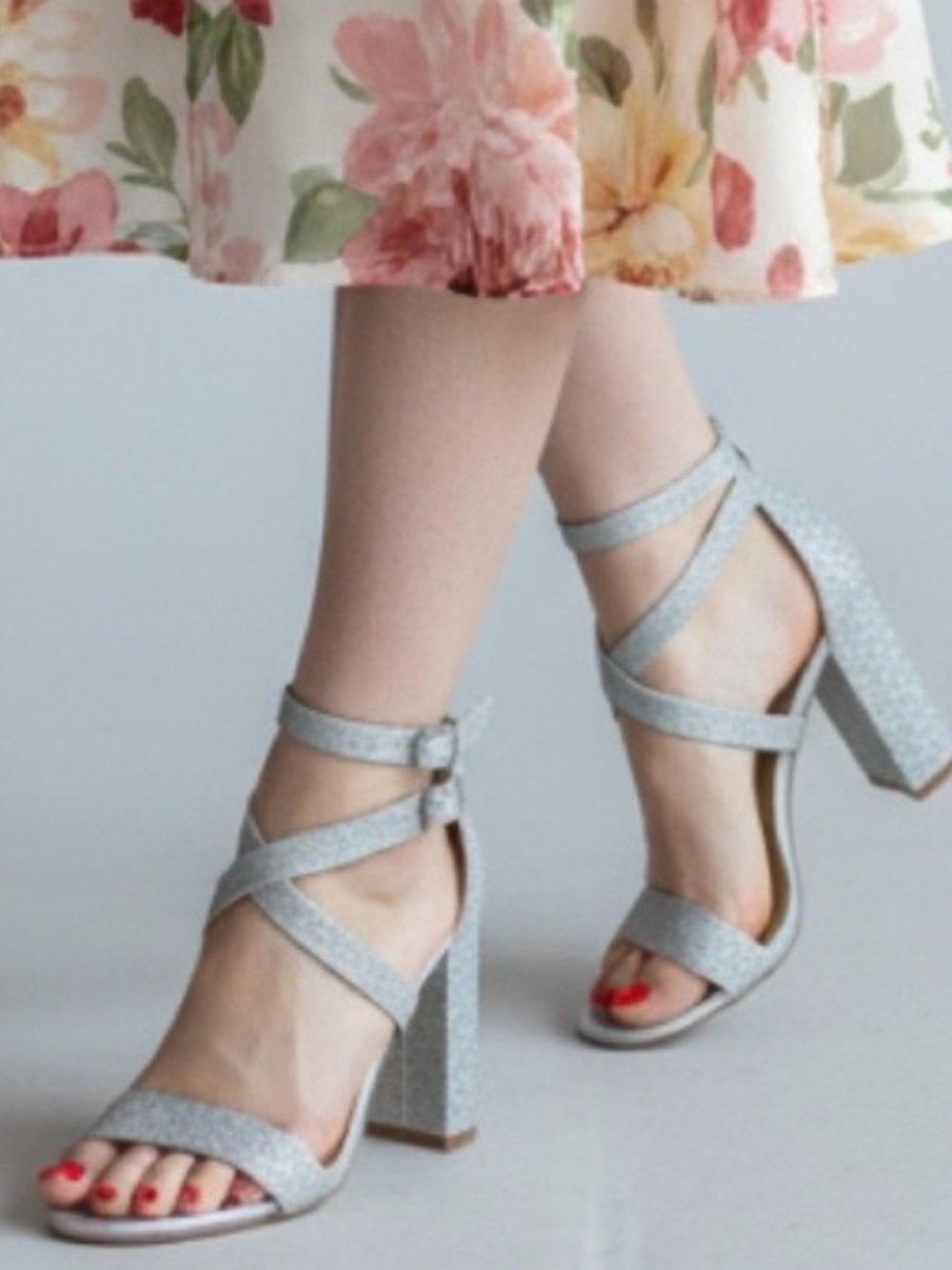 IDIFU Silver Glitter Crisscross Block Heel Sandal